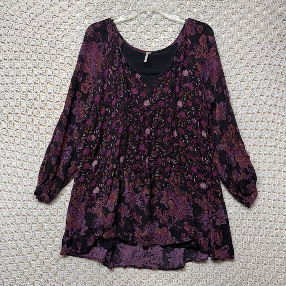 Free People Mini Tunic Dress Women Size XS Lucky Loosey Black Floral Tassel Tie - Picture 2 of 14